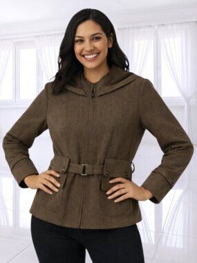 Simon Chang Brown Belted Hooded Jacket Size 8 Lined Zip-Up Coat with Hood